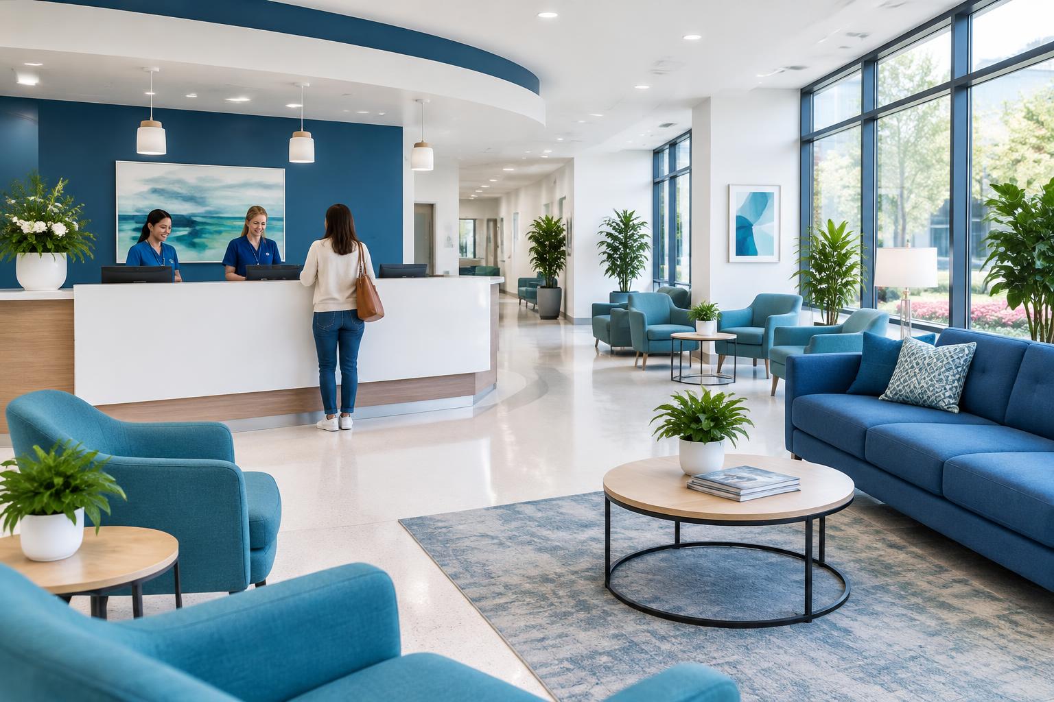 Bright hospital reception and waiting lounge with blue and teal accents
